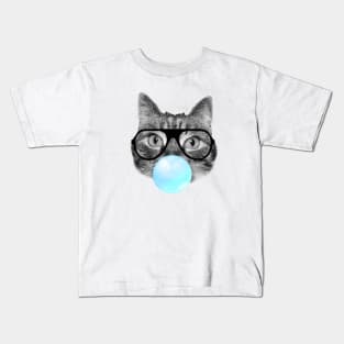 Funny cat blowing a blue bubble gum Kids T-Shirt